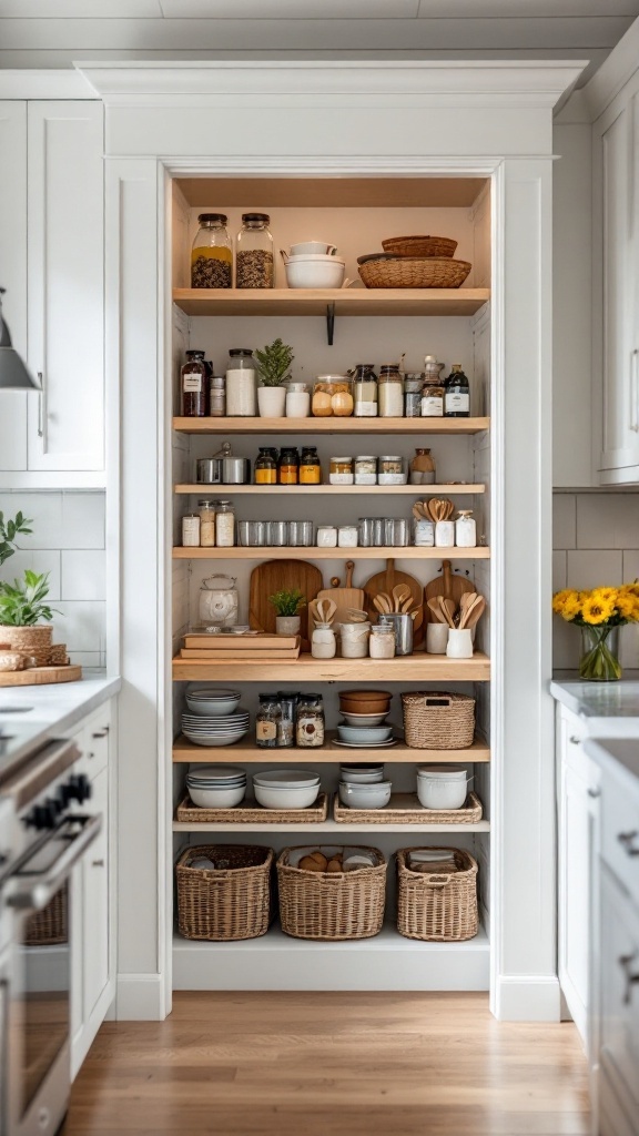 Functional pantry space with open shelving and organized kitchen items.