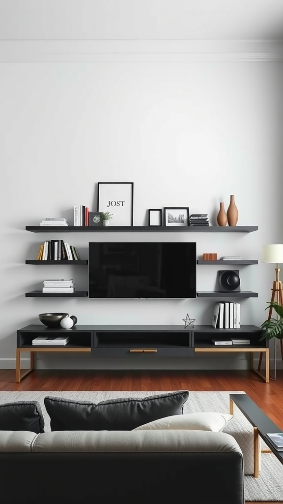 A modern minimal living room featuring functional shelving with books, decor, and a TV.