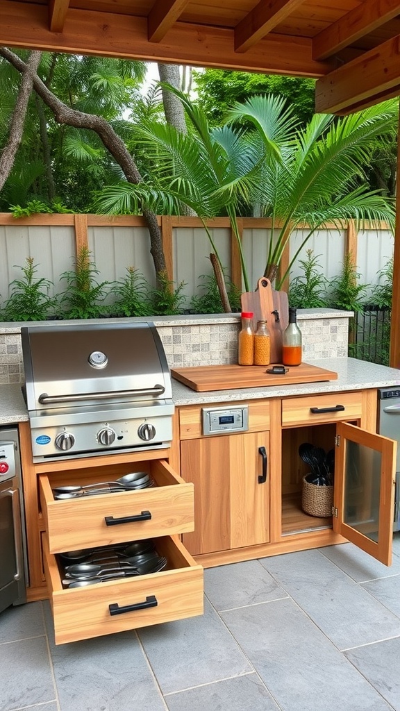 An outdoor kitchen with sleek wooden cabinetry, featuring open drawers filled with utensils and a built-in sink.