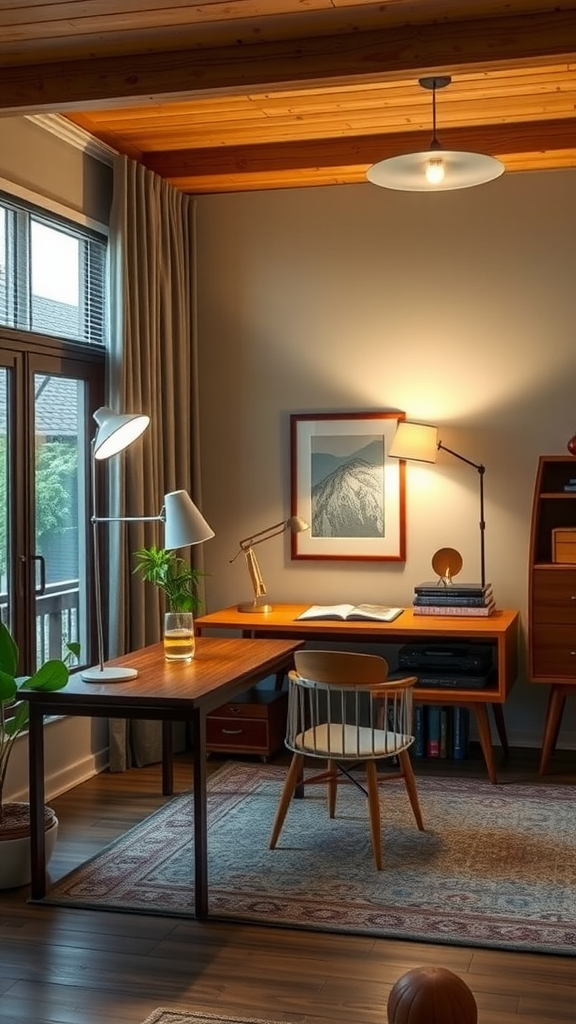 A stylish workspace with functional lighting, featuring a desk, chair, and decorative elements.