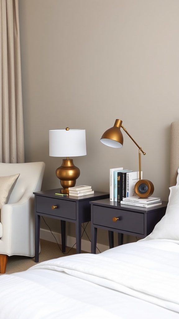 Stylish bedroom nightstands with lamp and books.