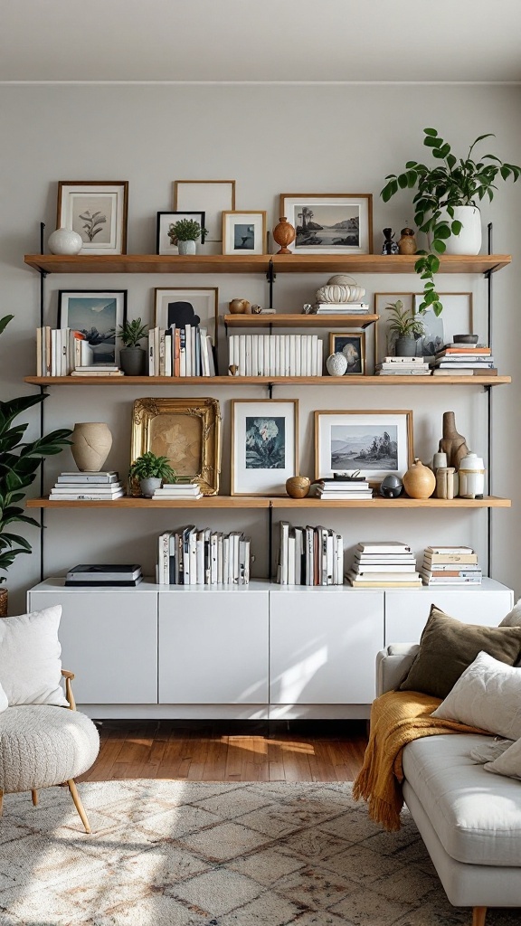 A living room with gallery style shelving featuring framed pictures and decorative items.