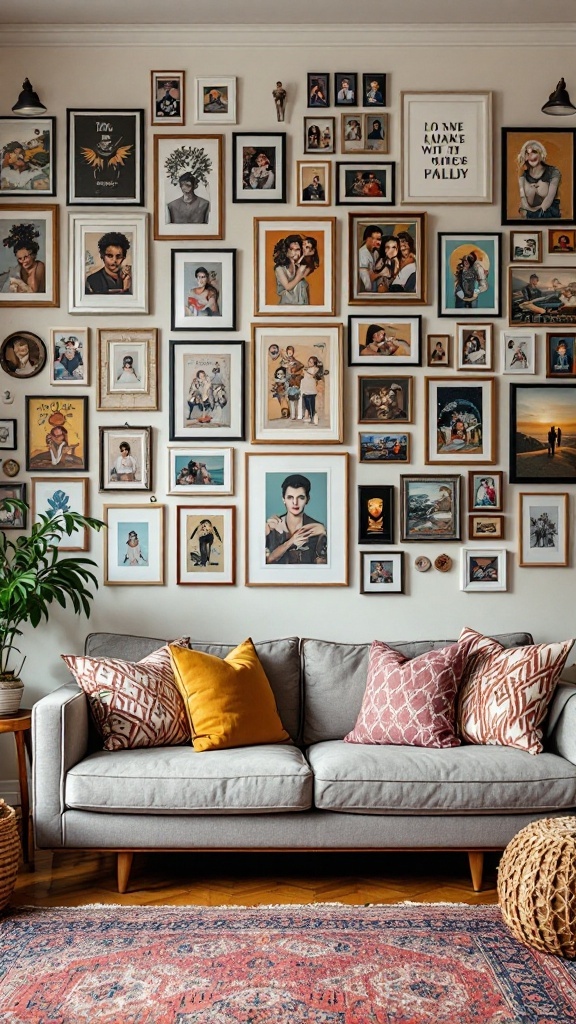 A gallery wall featuring a variety of framed photos and artwork above a cozy gray sofa.