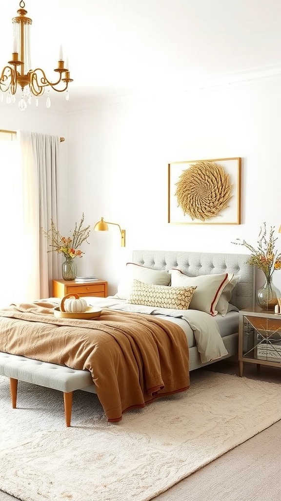 A stylish bedroom featuring metallic accents including a chandelier and decorative items.