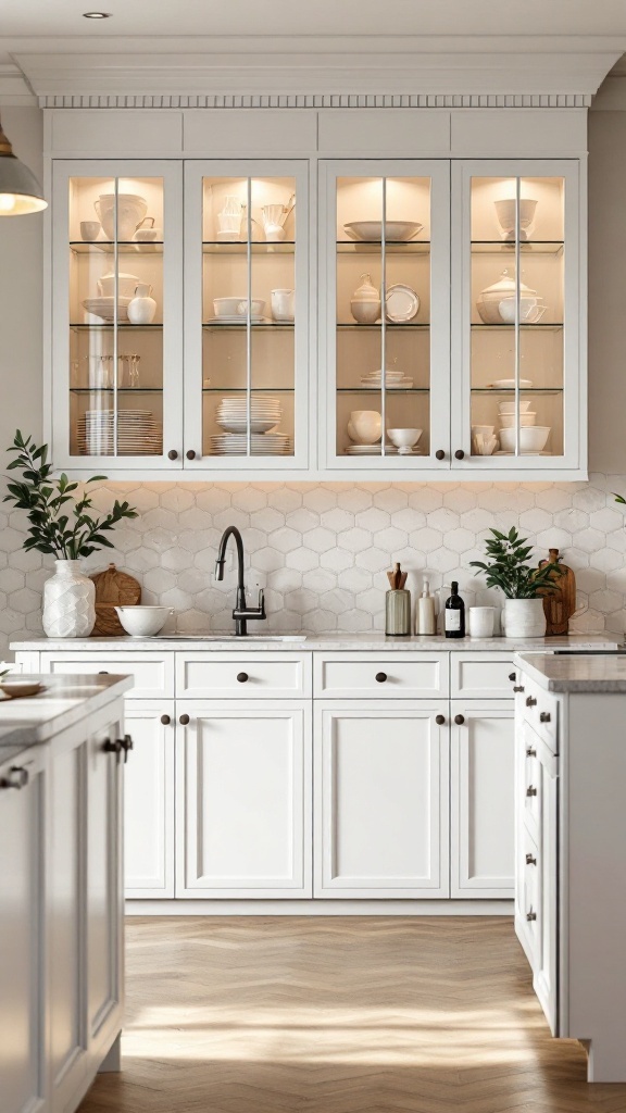 A kitchen with stylish glass-fronted cabinets showcasing elegant dishware.