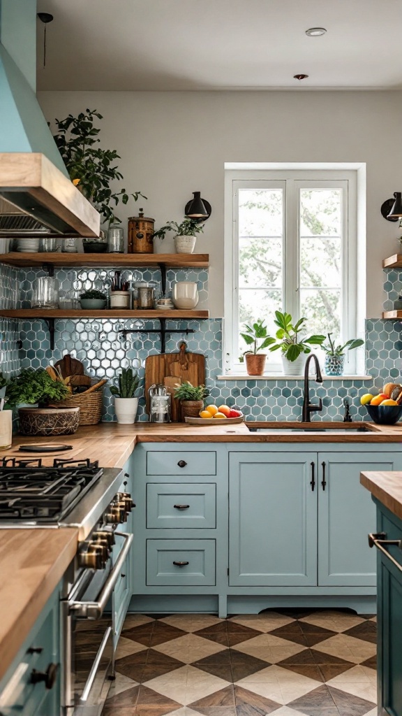 A modern kitchen featuring glass tiles in a light blue color scheme with wooden accents.