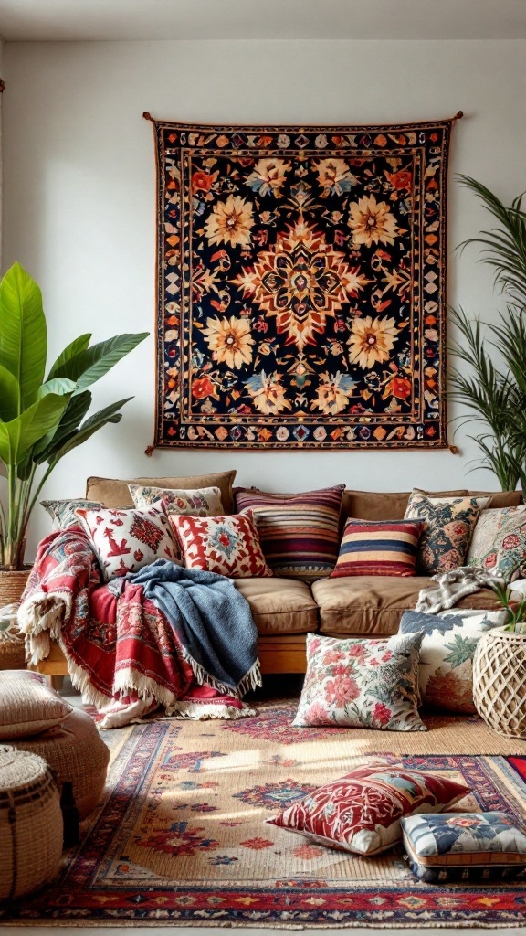 A cozy living room featuring colorful textiles, pillows, and plants.