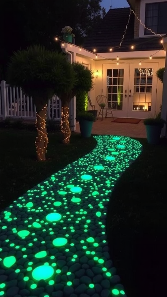 A pathway illuminated with glow-in-the-dark pebbles at night, leading to a cozy patio.