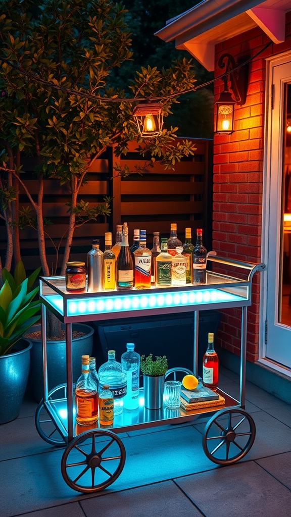 A stylish bar cart with various bottles of drinks, illuminated by LED lights, set on a patio.