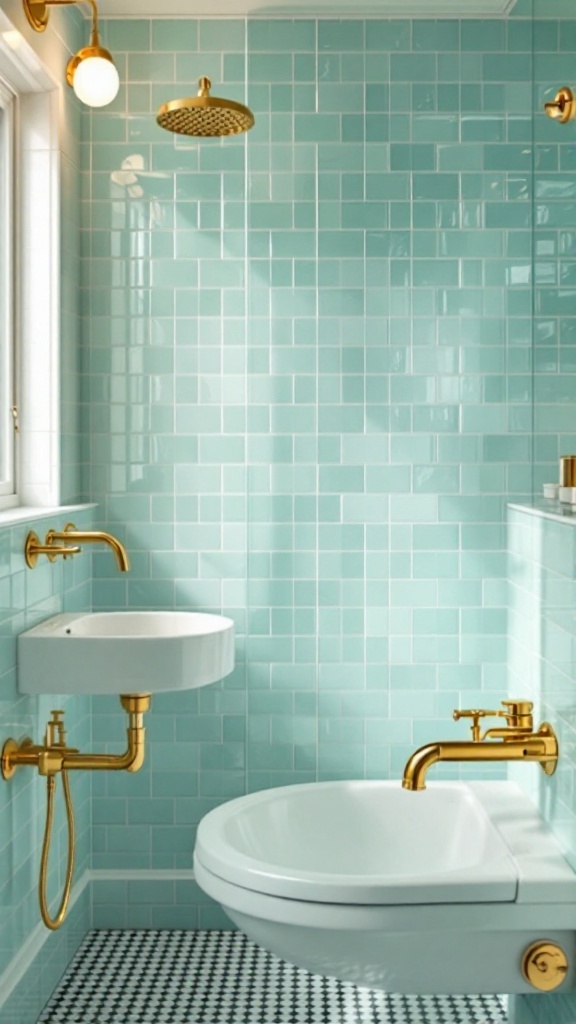 A modern bathroom featuring turquoise tiles and gold fixtures