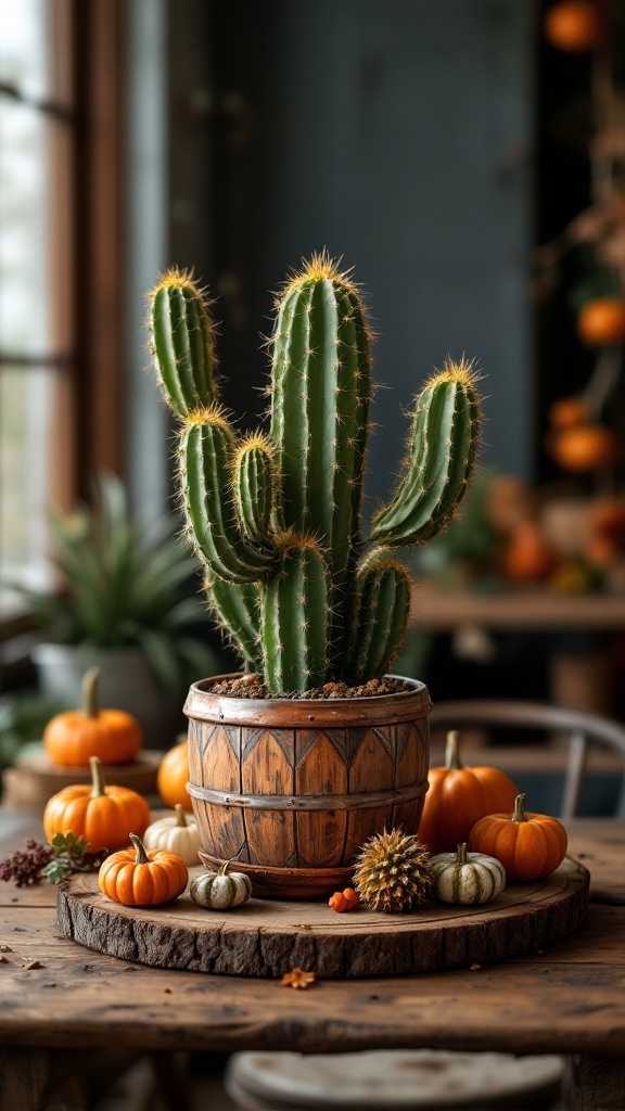 A golden barrel cactus in a rustic pot surrounded by pumpkins on a wooden table.