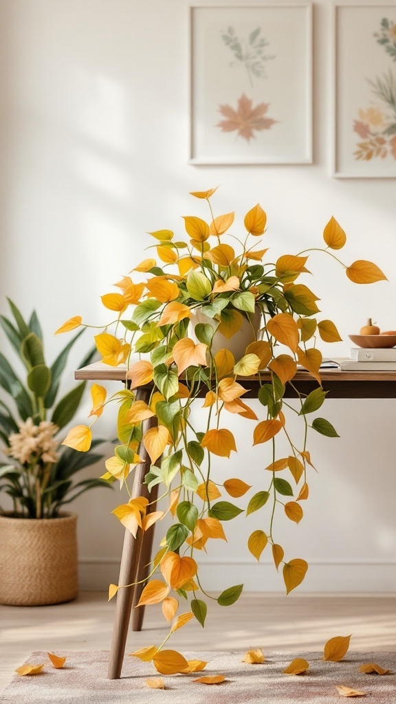 A Golden Pothos plant with golden and green leaves cascading over a table in a bright home office setting.