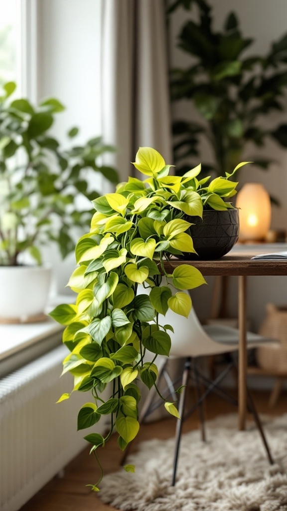 A lush Golden Pothos plant cascading over a dark pot on a wooden table in a cozy office setting.