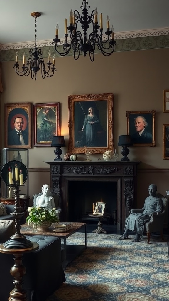 A gothic-inspired living room featuring portraits, sculptures, and ornate decor.