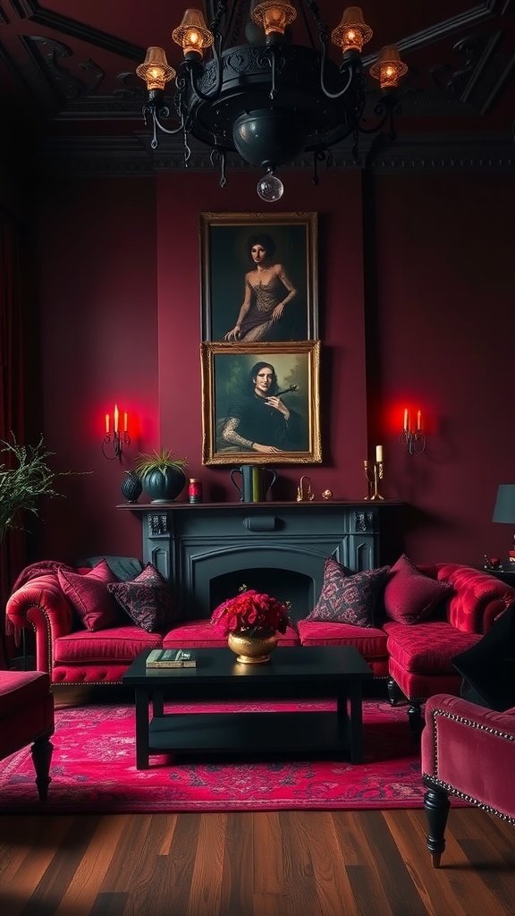 A gothic-inspired living room with deep red walls, plush velvet furniture, and dramatic lighting.