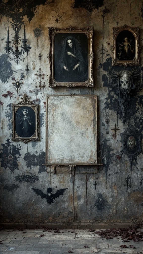 Gothic-inspired wall art featuring dark portraits and intricate frames on a textured wall.