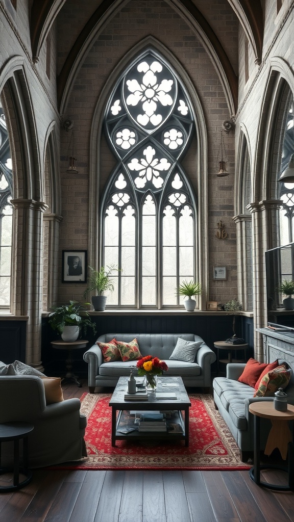 A gothic-inspired living room featuring tall arched windows, elegant furnishings, and a warm color palette.