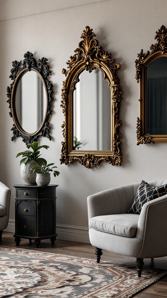 A living room featuring ornate gothic mirrors in gold and black frames on a wall.