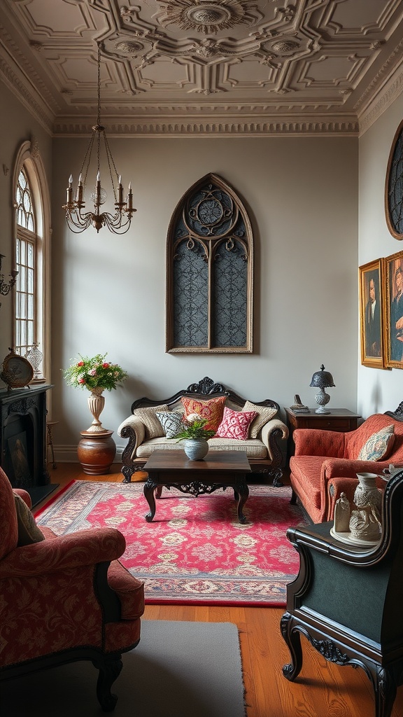 A Gothic Revival living room showcasing intricate furniture and rich colors.