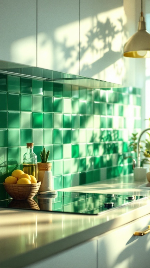 Kitchen backsplash featuring green glass tiles with a modern aesthetic