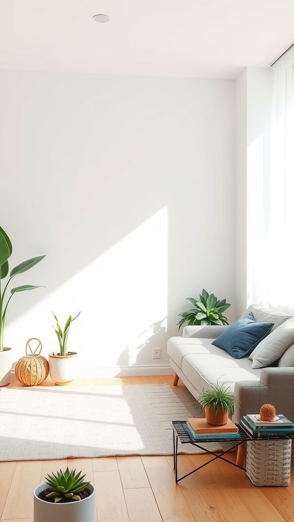 A modern minimal living room with plants and a neutral color palette.