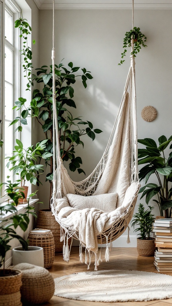 A cozy hammock chair surrounded by plants, creating a relaxing indoor space.