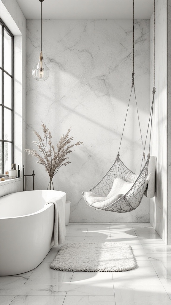 A stylish bathroom featuring a swing chair, large bathtub, and modern decor.