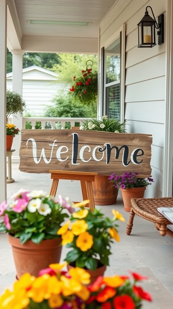 A hand-painted wooden sign that says 'Welcome' on a patio with colorful flowers in pots.