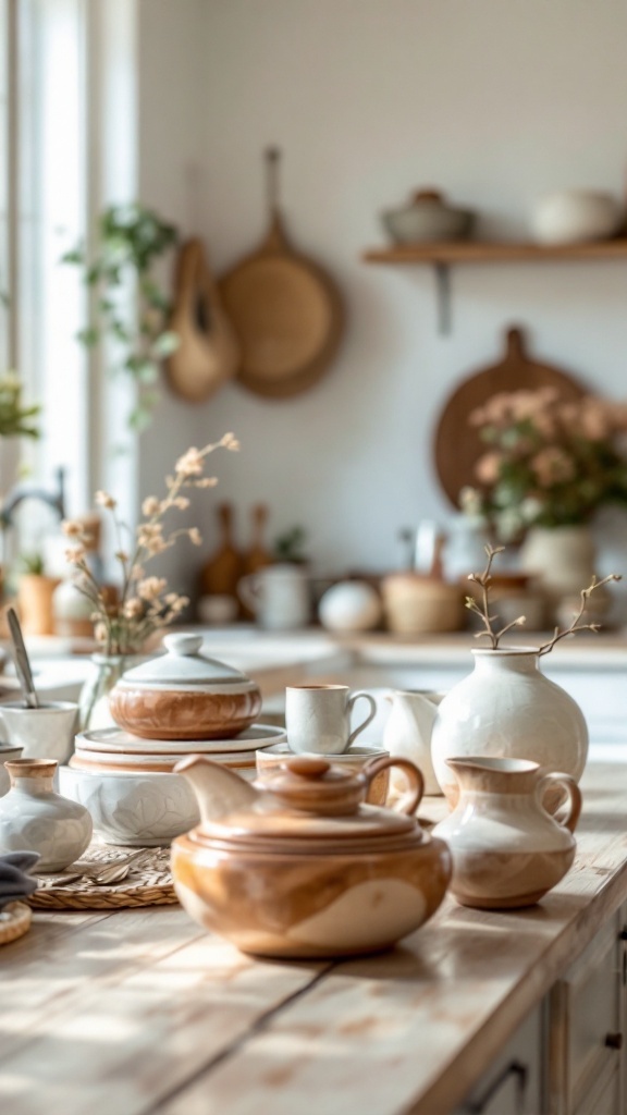 A collection of handcrafted pottery on a wooden kitchen table, including teapots, bowls, and jugs, surrounded by a cozy kitchen atmosphere.