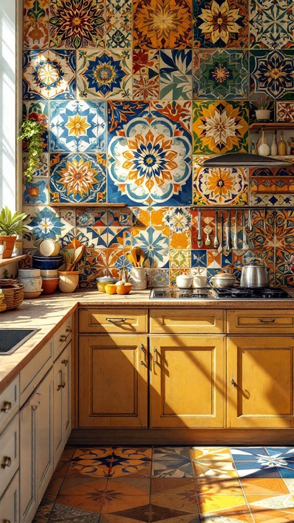 A vibrant kitchen backsplash featuring various handmade ceramic tiles with intricate designs.