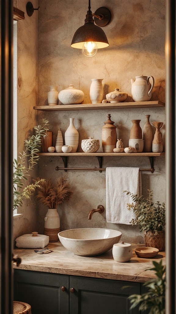 A cozy bathroom featuring handmade pottery, showcasing unique pieces on shelves and a stone sink.