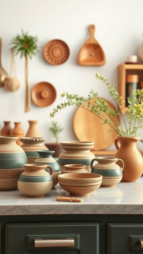 A collection of handmade pottery on a kitchen countertop, showcasing various styles and colors.