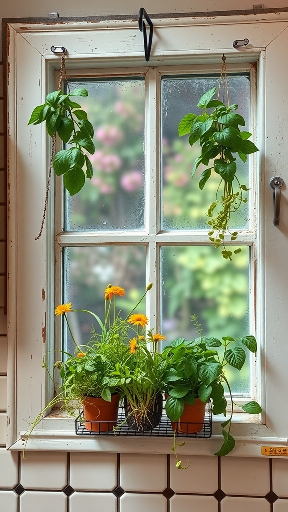 Hanging herb garden with plants and flowers in a kitchen window