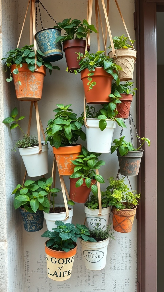 Hanging herb garden with colorful pots featuring various herbs