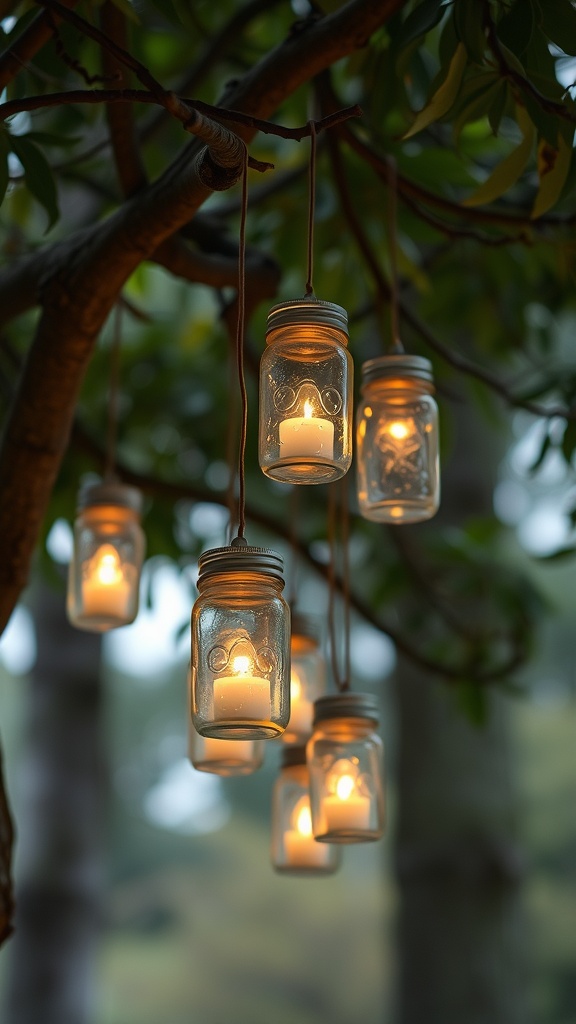 Hanging mason jars with candles illuminated in a tree