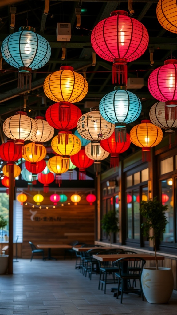 Colorful paper lanterns hanging in a patio setting