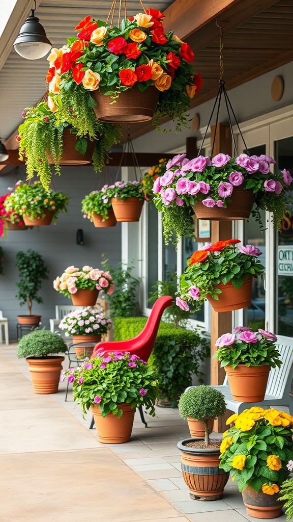 Colorful hanging planters with flowers in a well-decorated patio