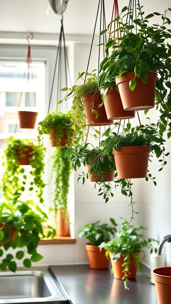 A bright kitchen with various hanging plants and potted herbs.