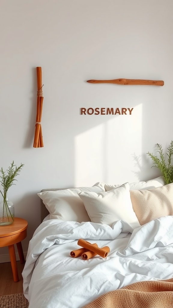 A cozy bedroom featuring herb and spice decor, with a wooden sign that says 'Rosemary' and rolls of cinnamon.