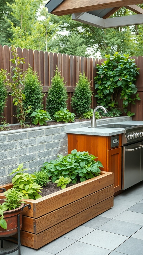 Outdoor kitchen with a herb garden integration featuring a wooden planter box.