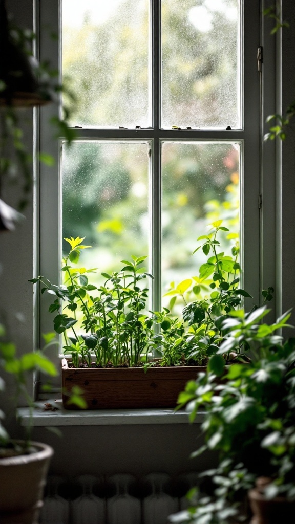 A bright window with a wooden planter filled with various herbs, surrounded by green foliage.