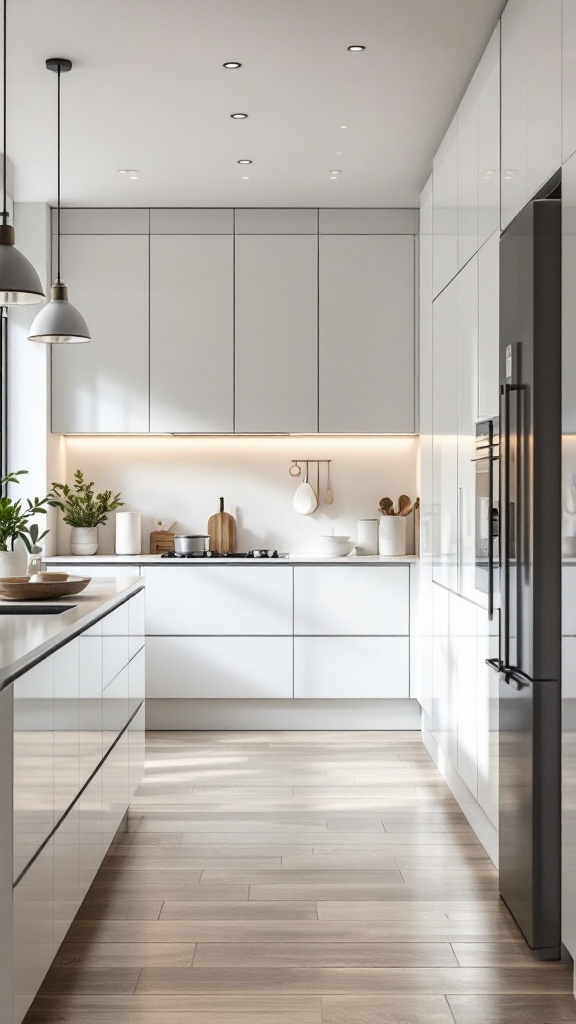 A modern kitchen with high-gloss white cabinets and sleek design elements.