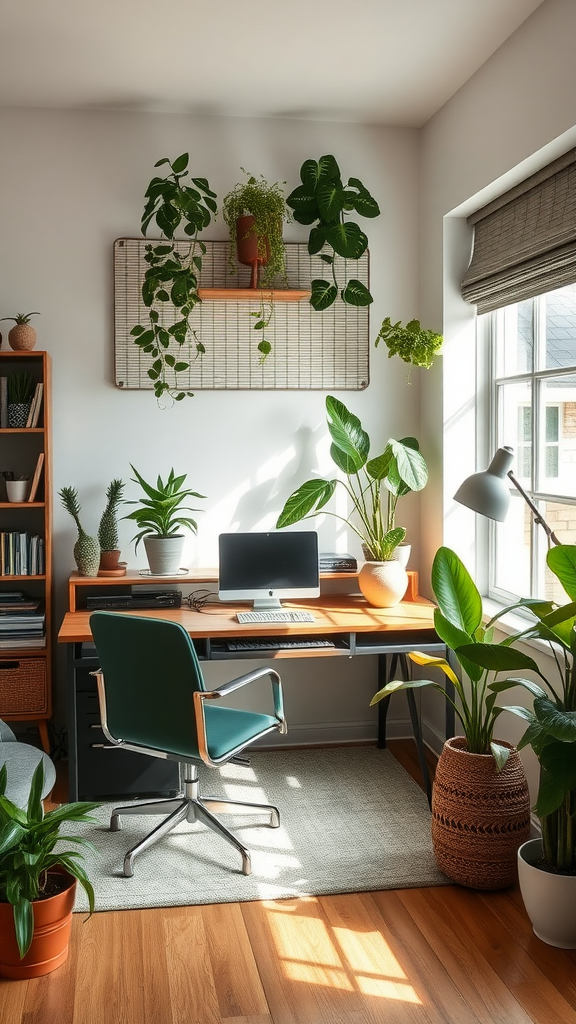 A bright home office space filled with various indoor plants, featuring a desk and a comfortable chair.