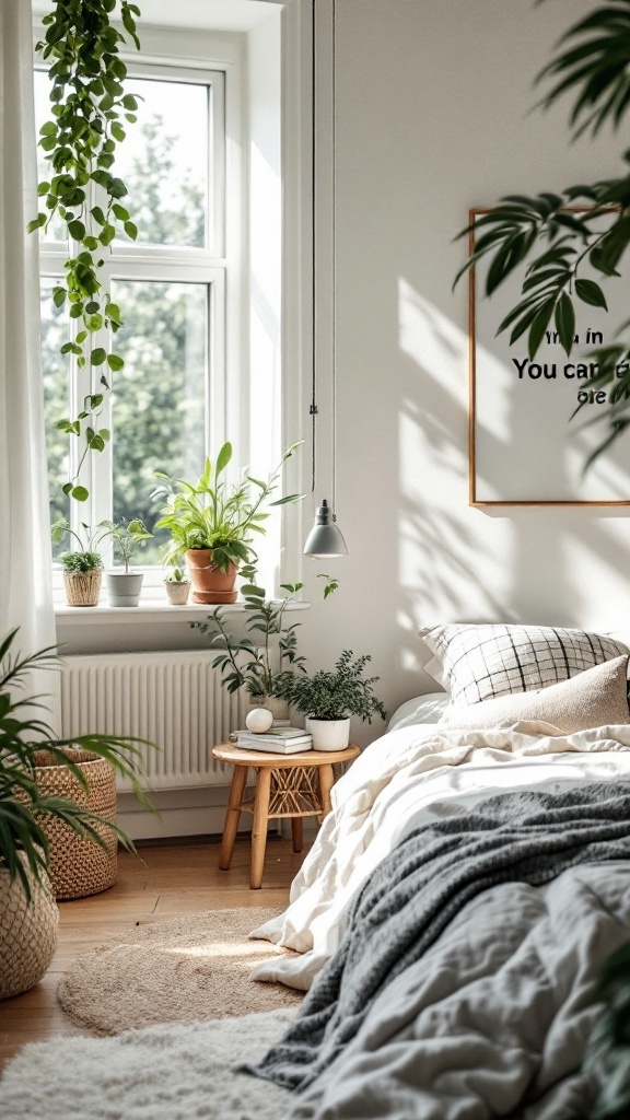 A Scandinavian-style bedroom featuring various indoor plants and a cozy setup.