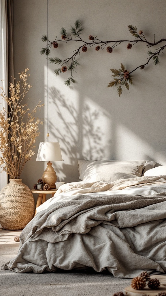 A cozy bedroom featuring natural elements like pinecones, dried flowers, and soft bedding.