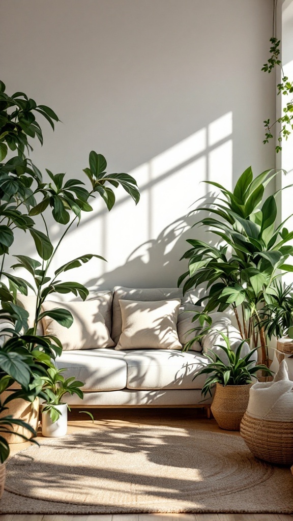 A cozy living room featuring a light-colored couch surrounded by various indoor plants.