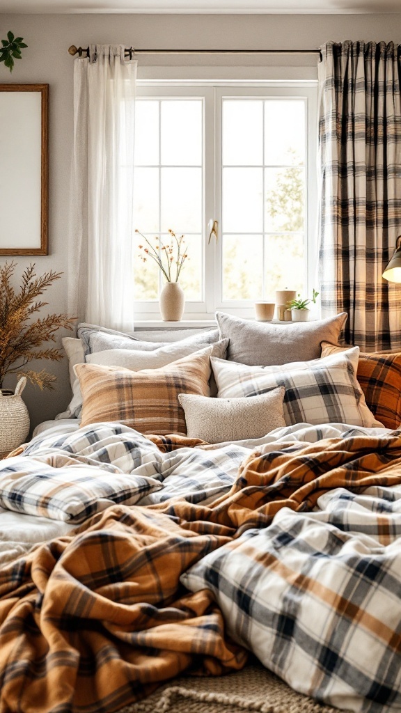 Cozy fall bedroom featuring plaid patterns on bedding and pillows.