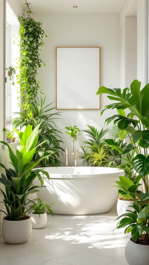 Bright bathroom with various indoor plants around a freestanding tub.