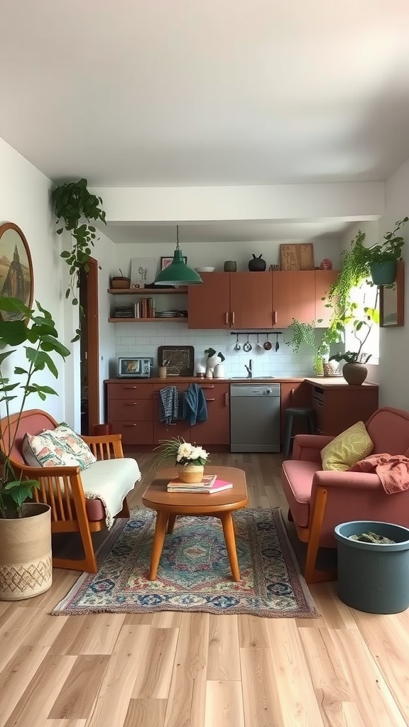 A cozy boho kitchen with seating, plants, and colorful decor.