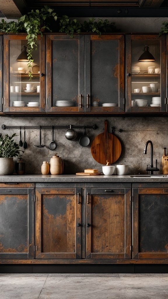 A kitchen featuring industrial style cabinets made from weathered wood and metal with open shelving.